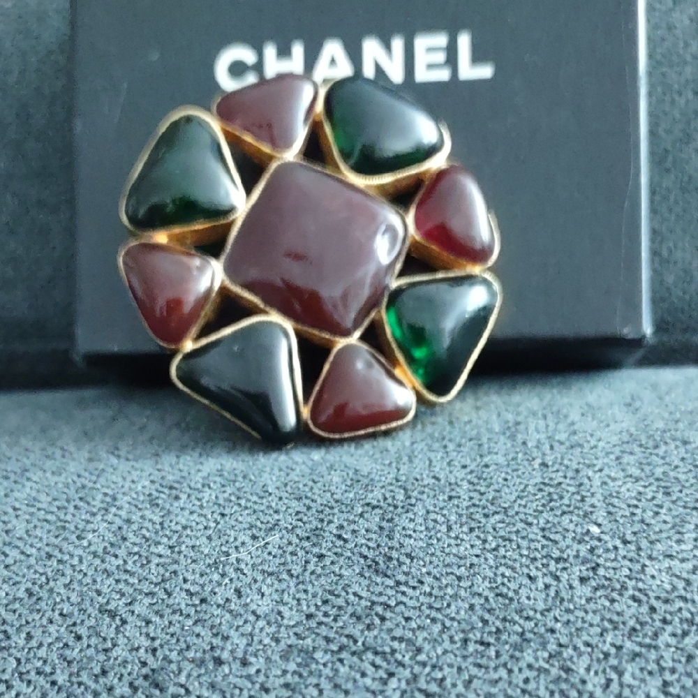 CHANEL Gold and Red Brooch with Geometric Charm